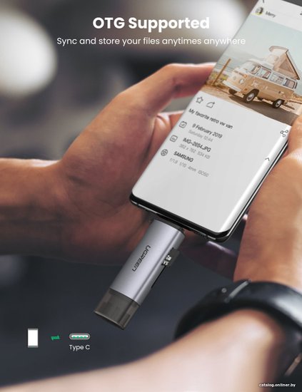 Карт-ридер Ugreen CM185 50706 переносной, поддержка: SD, SDHC, SDXC, microSD, microSDHC, microSDXC, MMCmicro, RS-MMC, порты USB, разъем подключения к устройству USB 3.2 Gen1 Type-A (5 Гбит/с)/USB 3.2 Gen1 Type-C (5 Гбит/с), цвет серебристый