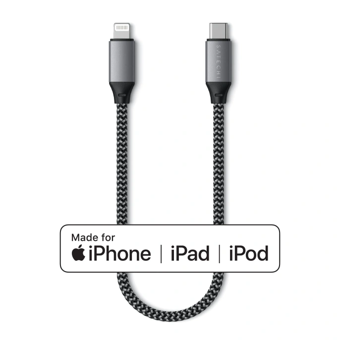 Кабель Satechi USB-C to Lightning MFI Cable. Длина кабеля: 25 см. Цвет: серый космос. (ST-TCL10M)