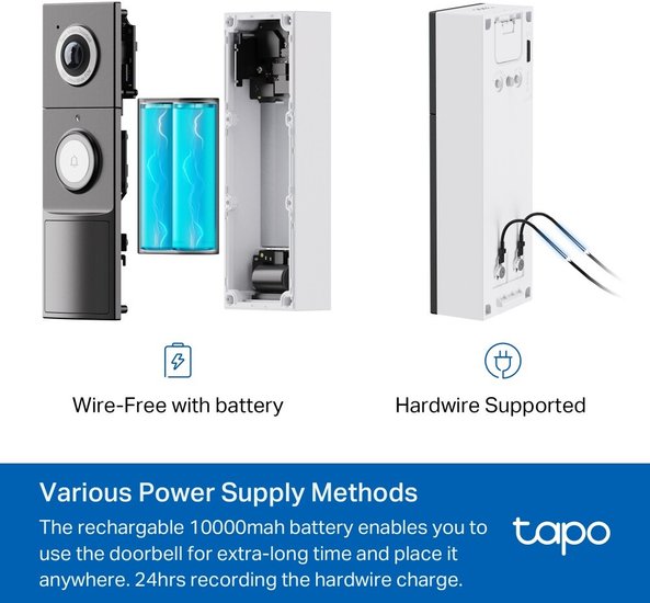Умный дверной звонок TP-Link Tapo D235  датчик освещенности/движения (PIR), подключение к Wi-Fi, соединение Wi-Fi, управление через Amazon Alexa/Google Home/TP-Link Tapo, размещение уличное/внутри помещения, питание: сеть 100-240В/USB 5В/аккумулятор, голо