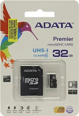 Карта памяти A-DATA AUSDH32GUICL10-RA1 Premier AUSDH32GUICL10-RA(1) microSDHC Memory Card 32Gb UHS-I U1 + microSD-- SD Adapter