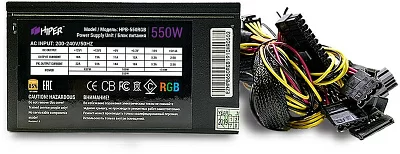 блок питания для ПК 550 Ватт Hiper. PSU HIPER HPB-550RGB (ATX 2.31, 550W, ActivePFC, RGB 140mm fan, Black) 85+, BOX