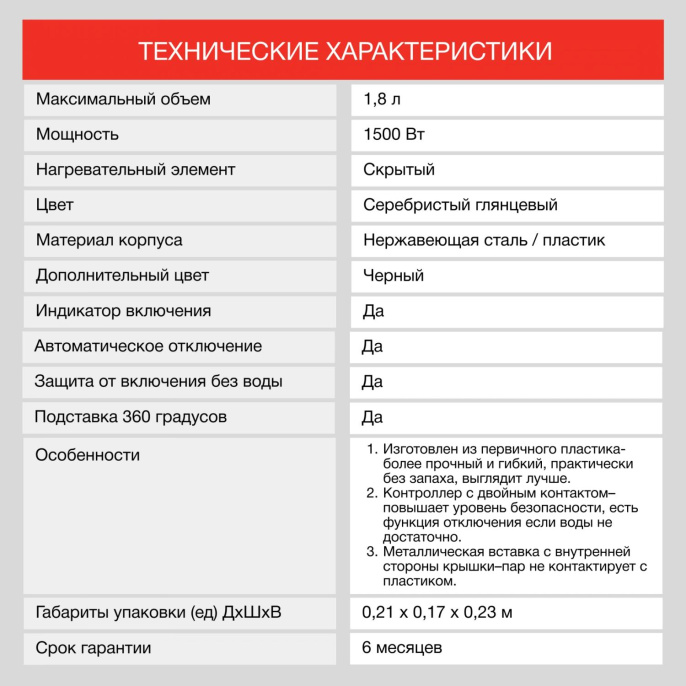 Чайник электрический Starwind SKS1050 1.8л. 1500Вт серебристый/черный корпус: металл/пластик