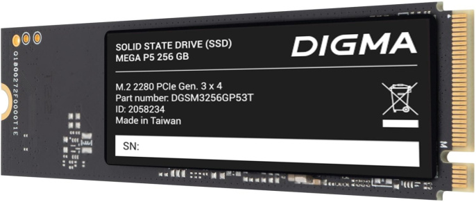 SSD накопитель Digma Mega P5 DGSM3256GP53T 256ГБ, M.2 2280, PCIe 3.0 x4,  NVMe,  M.2,  rtl