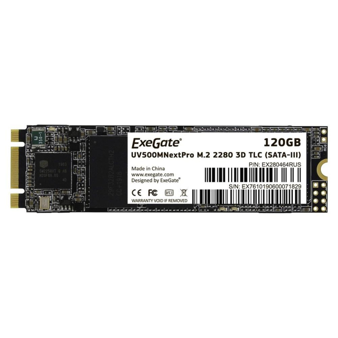 Накопитель SSD M.2 2280 SATA 120GB ExeGate NextPro M2UV500TS120 SATA-III, 22x80mm, 3D TLC EX280464RUS