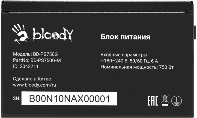 Блок питания BLOODY BD-PS750G,  750Вт,  80 PLUS GOLD,  120мм, черный, retail [bd-ps750g-mr]