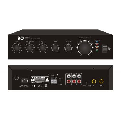 Мини-усилитель ITC выходная мощность: 60 Вт; выход: 100 В / 4-16 Ом; частотный диапазон: 80 Гц…16 кГц; входы: 2 х микрофонный TRS 6,3 мм, 2 х линейный RCA. T-60MA