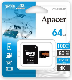 Карта памяти Apacer AP64GMCSX10U8-R 64GB + Adapter microSDXC, класс 10, UHS-I класс U3 , V30, A2, скорость чтения: 100МБ/с, скорость записи: 80МБ/с, с адаптером