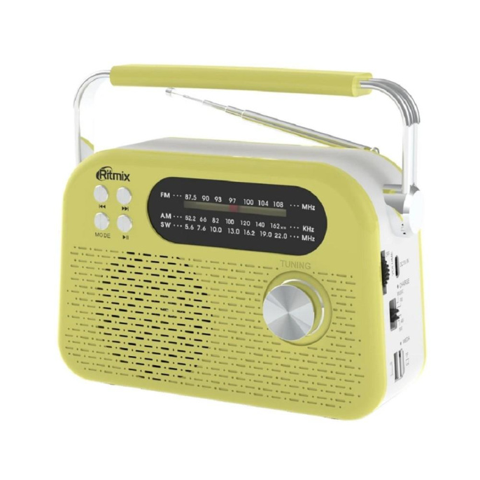RITMIX RPR-045 LEMON {Радиоприёмник портативный 3хдиапазонный FM/AM/SW,Bluetooth v.5.3, воспроизв. с USB и с карт пам. micro SD до 32Gb }