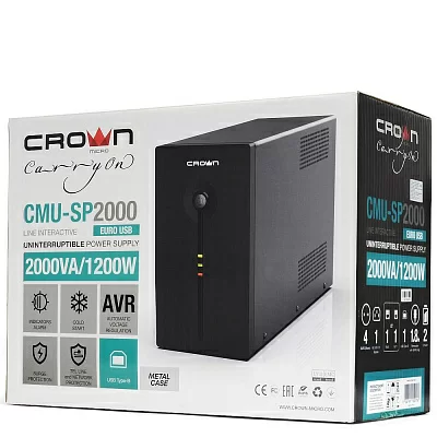 UPS CROWN CMU-SP2000EURO USB 2000VA/1200W, металл, 2x12V/9AH, розетки 4*EURO+1*IEC bybass, трансформатор AVR 140-290V, съёмный кабель 1.8 м, фильтр телефонной и ethernet линии RJ-11/45, USB-порт, защита батареи, от перегрузки, от КЗ, П