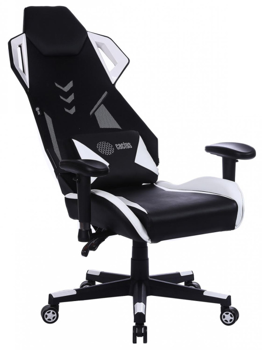 Кресло игровое Cactus CS-CHR-090BLW, экокожа/сетка, до 120кг, регулируемые 2D подлокотники,  черный/белый