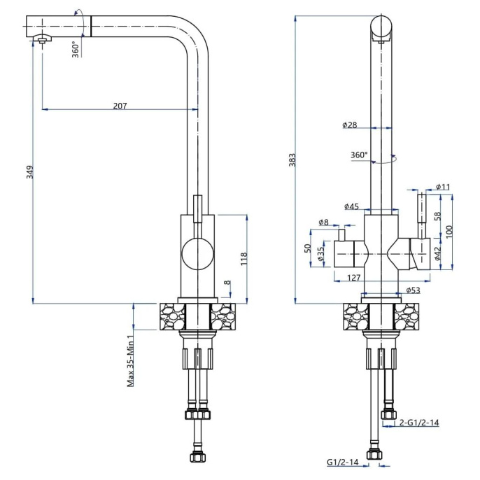 Смеситель GRANFEST GRANFEST QUARZ Смеситель для кухни, Г-образный, кран под фильтрованную воду, черный