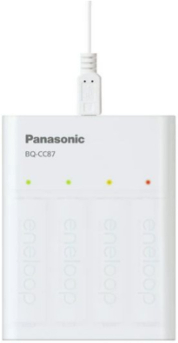 Зарядное устройство для аккумуляторов Panasonic Eneloop BQ-CC87/4xBK-3MCCE USB-Charger K-KJ87MCD40USB DC 5V, DC 1,5V AA 500mA x4, AAA 250mA x4, USB-out: DC 5V 1A, время зарядки: до 4.5 часов, индикатор, в комплекте 4 аккумулятора AA 2000 мАч