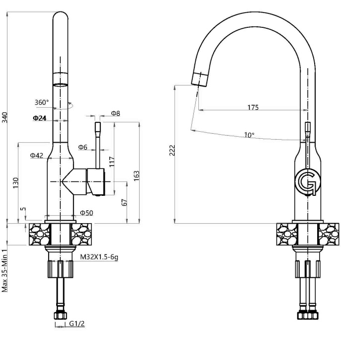 Смеситель RIVELATO Rivelato Смеситель для кухни Garda U-обр. D-35мм, монтаж: вертикально на раковину, материал: нержавеющая сталь, цвет: серый хром 1923502 grigio cromo