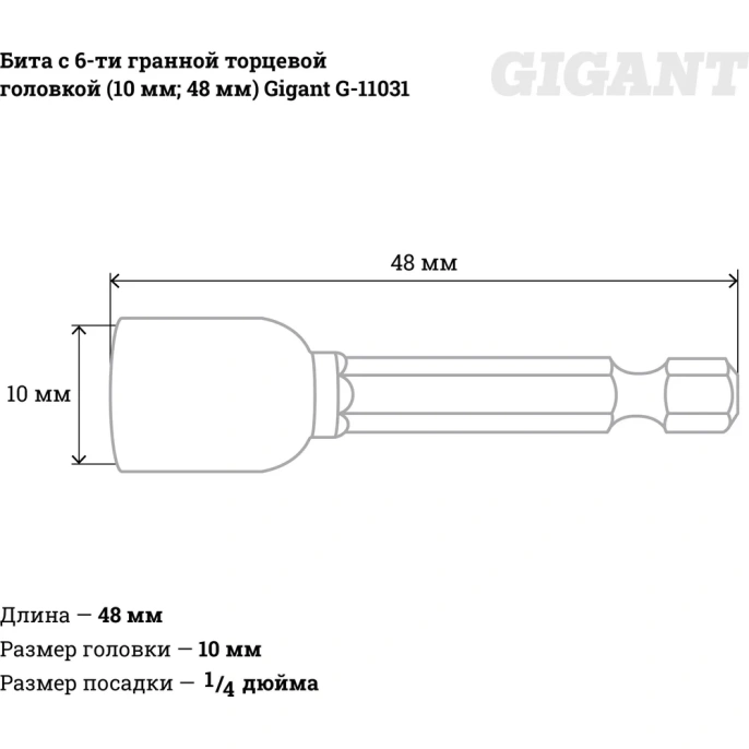 Бита с 6-ти гранной торцевой головкой (10 мм; 48 мм) Gigant GBS 11031