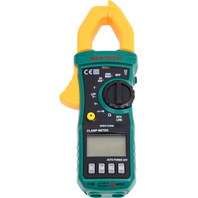 Клещи токоизмерительные цифровые Mastech MS2109B (ACV/DCV),переменный ток2/20/200/600A,(сопротивление,тест диодов,фонарик) 00-00013508
