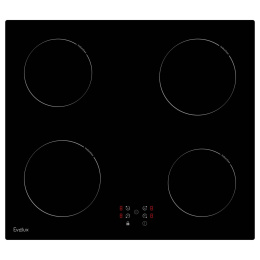 Встраиваемая варочная панель индукция EVELUX Варочная панель электрическая, индукция, 60 см, 4 конфорки, сенсорное управление, 9 уровней мощности, таймер 1-99 мин, блокировка управления, защитное отключение, 6000 Вт, черное стекло, 590х520х58 мм.