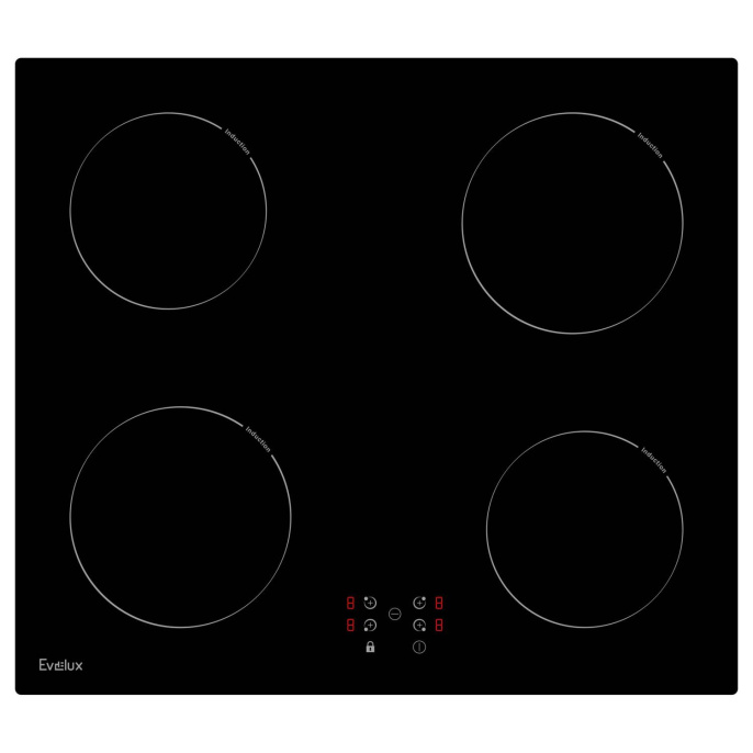 Встраиваемая варочная панель индукция EVELUX Варочная панель электрическая, индукция, 60 см, 4 конфорки, сенсорное управление, 9 уровней мощности, таймер 1-99 мин, блокировка управления, защитное отключение, 6000 Вт, черное стекло, 590х520х58 мм.