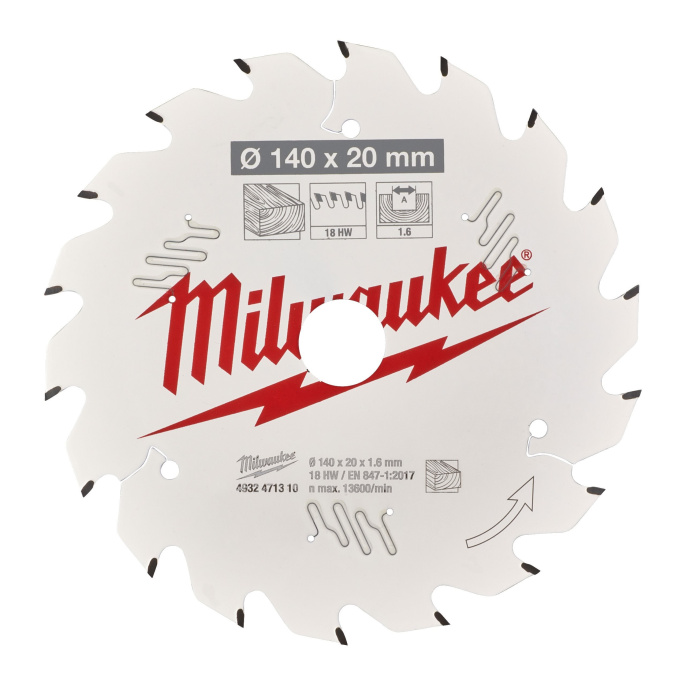 Диск пильный Milwaukee 140x20x1.6x18 ATB 4932471310 по дереву для циркулярной пилы, угол атаки зуба: +18°, низкая вибрация