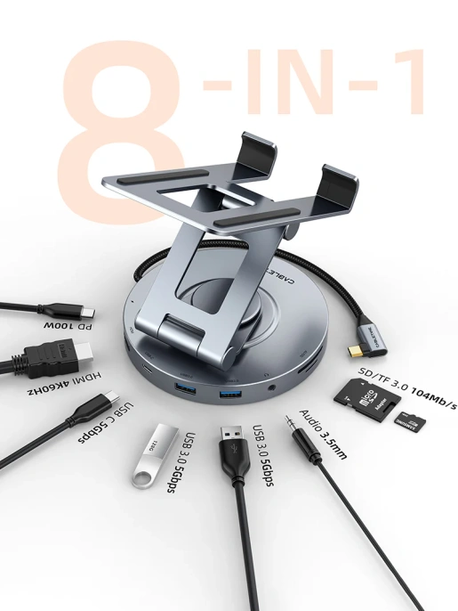 Док-станция для телефона/планшета USB CABLETIME CB02G (CT-HUBC8-AG) 8-в-1, алюминиевый USB-хаб с 360° подставкой для iPad Pro и ноутбука
