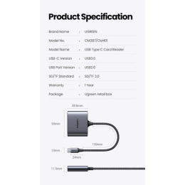 Кардридер UGREEN CM387 80798 USB-C to SD/TF + USB 2.0 Memory Card Reader. Цвет: серый