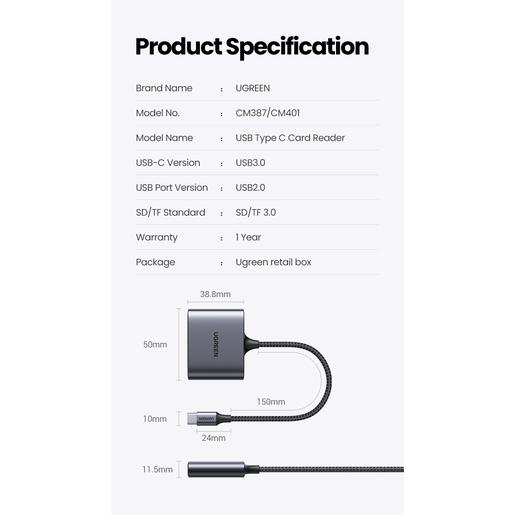Кардридер UGREEN CM387 80798 USB-C to SD/TF + USB 2.0 Memory Card Reader. Цвет: серый