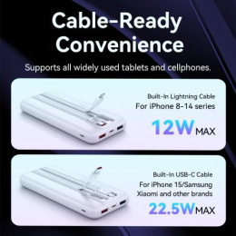 Power Bank Vention 10000mAh Micro-USB/C/A/A со встроенными кабелями 22.5W Белый с LED Дисплеем, шт. FHOW0