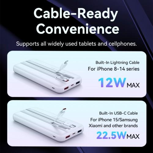 Power Bank Vention 10000mAh Micro-USB/C/A/A со встроенными кабелями 22.5W Белый с LED Дисплеем, шт. FHOW0