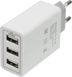 Сетевое зарядное устройство Digma DGWC-3U-5A-WG,  3xUSB-A,  30Вт, 3A, белый
