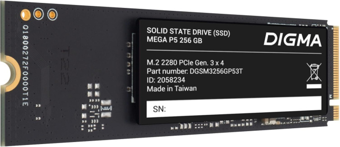 SSD накопитель Digma Mega P5 DGSM3256GP53T 256ГБ, M.2 2280, PCIe 3.0 x4,  NVMe,  M.2,  rtl