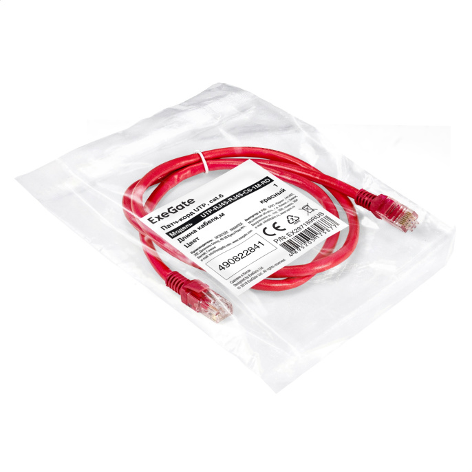 Патч-корд ExeGate UTP-RJ45-RJ45-C6-1M-RD, UTP, cat.6, 1м, красный EX297189RUS