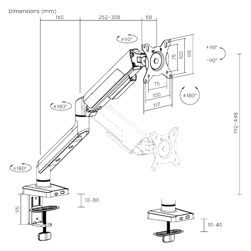 Кронштейн для монитора ErgoSmart Power Black черный, 1 монитор, 17-40", 12кг, настольный, регулировка высоты/поворота, VESA75/100