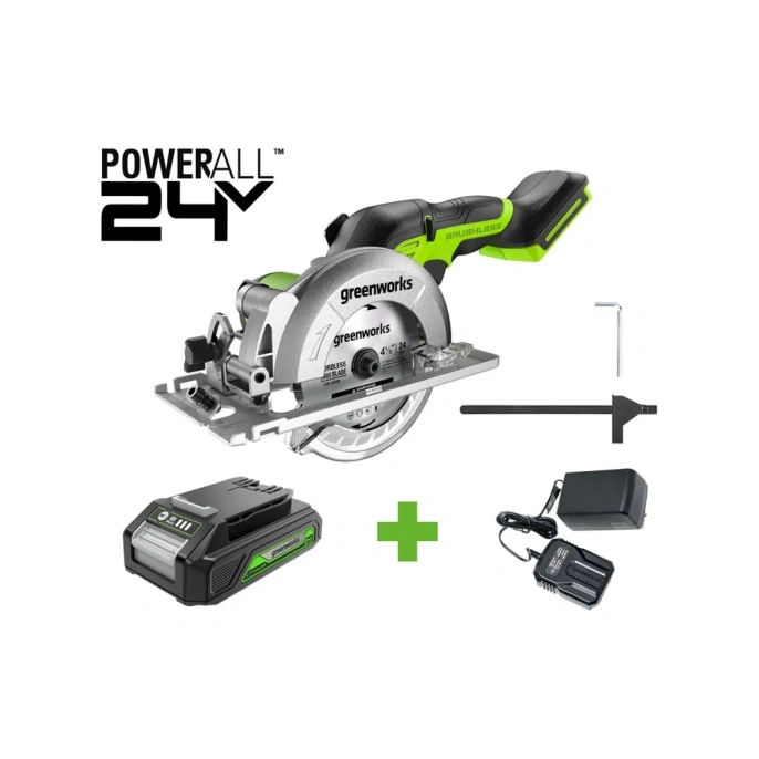 Дисковая мини пила GreenWorks G24MCS, 24V, б/щет, диск 120x9.5мм, 6500об/мин, рез 39мм, 1x2Ач, ЗУ, коробка 1501207VUA