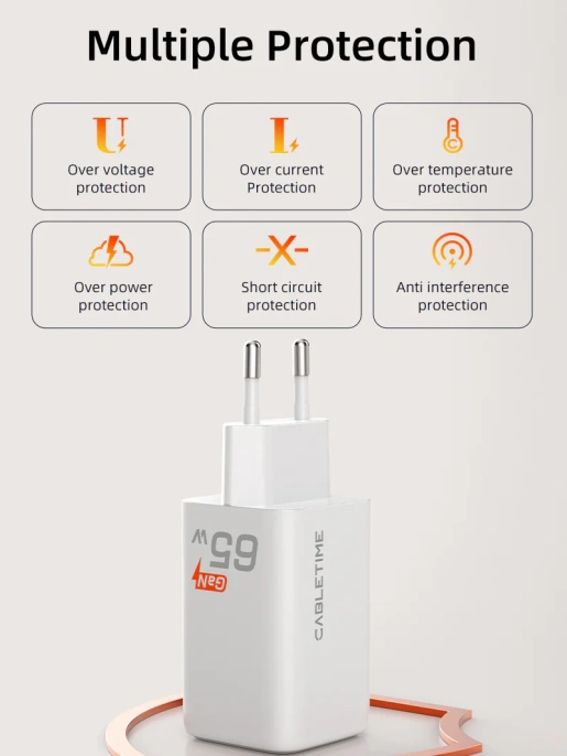 Зарядное устройство CABLETIME G65AW (CT-GAN65A-PW) GaN PD3.0 2C1A 65 Вт, белый