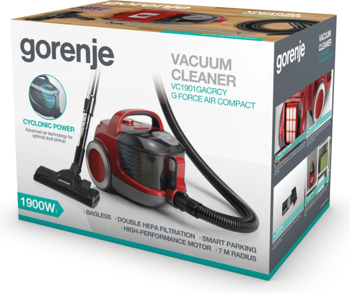 Пылесос Gorenje VC1901GACRCY, 1900Вт, красный/черный