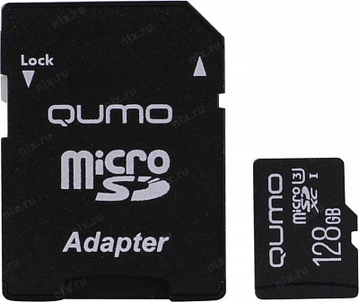 Карта памяти Qumo QM128GMICSDXC10U3 microSDXC 128Gb Class10 UHS-I U3 + microSD-- SD Adapter