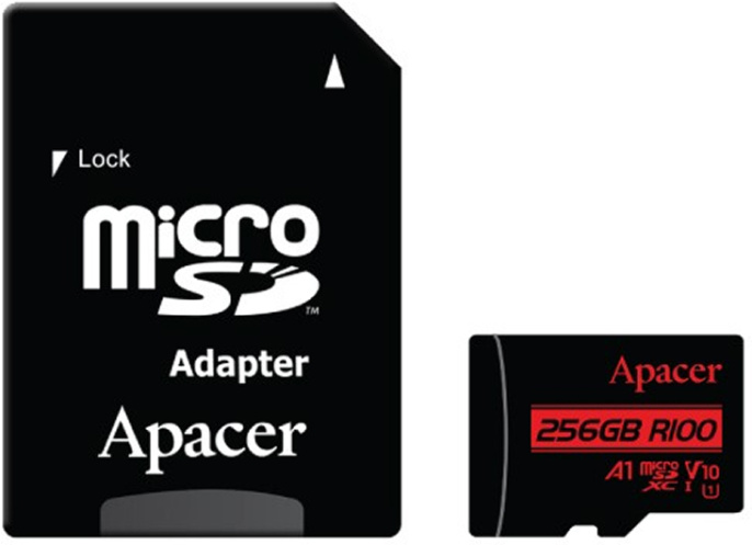 Карта памяти Apacer R100 256GB AP256GMCSX10UB-R microSDXC, класс 10, UHS-I класс U1 , V10, A1, скорость чтения: 100МБ/с, с адаптером