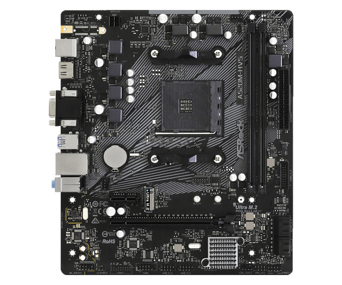 Материнская плата ASRock A520M-HVS mATX, 23.0 cm x 20.1 cm, AMD A520, 2xDDR4 DIMM, 4600МГц, до 64 Гб, звук 7.1, 4xSATA3.0 6Gb/s , 1xM.2, 1xPCIe3.0x16, 1xPCIe3.0x1, 1xPS/2, 1xD-Sub, 1xRJ-45, 1xHDMI, 6xUSB