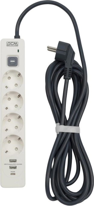 Сетевой фильтр-удлинитель/ PowerCom SP-01 USB2A1CW 3.0M, 4 розетки, белый, 16А, 4кВт, 380Дж, защитные шторки, защита от КЗ, перегрузки, ВЧ и импульсных помех, один порт USB-C PD20W и два USB-A QC3.0 суммарной мощностью 24Вт, кабель 3x1.5 мм2, ШхГхВ 281х
