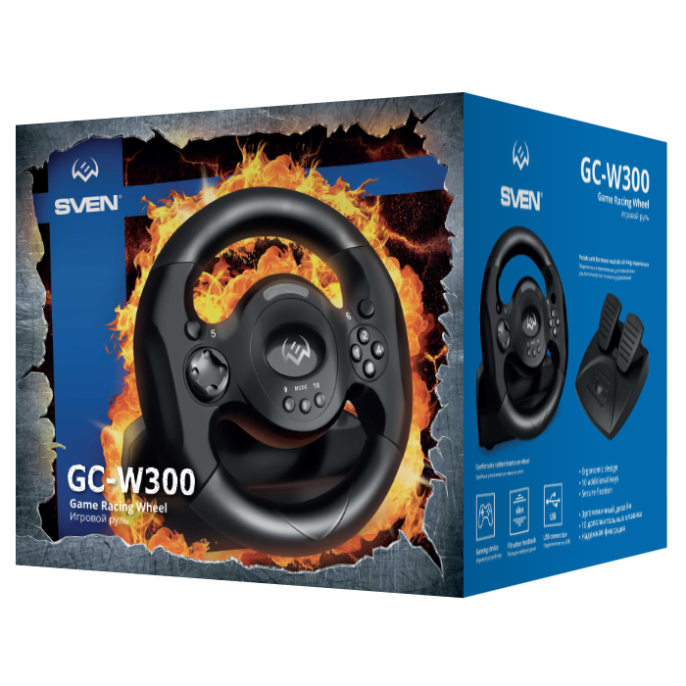 Руль SVEN GC-W300 педали, вибро, лепестки, D-pad, 10 кл, резин. вставки, PC