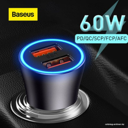 Автомобильное зарядное Baseus CGJM000113 Golden Contactor Max Dual Fast Charger U+C 60W Dark Gray для телефонов, для планшетов, на 2 устройства, разъемы: USB Type-A, USB
