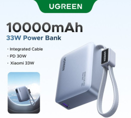 Внешний аккумулятор UGREEN PB584 75173B Fast Charging 10000mAh USB-C/USB-A 33W со встроенным кабелем USB-C Power Bank CCC. Цвет: голубой (75173B_)
