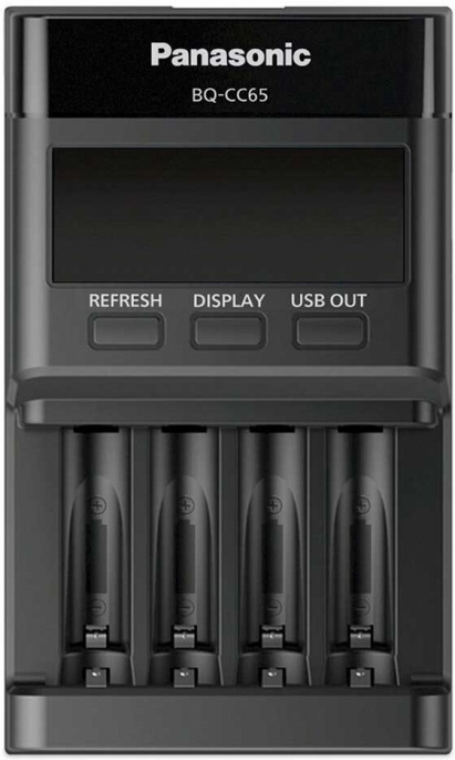 Зарядное устройство для аккумуляторов Panasonic Eneloop BQ-CC65 LCD Pro Charger BQ-CC65E ERP AC100-240V 50-60Hz, DC 5 V 1A / USB-A 1 slot, DC 1.5V AA 750mA x 4, DC 1.5V AAA 275mA x 4, LCD экран, время зарядки: до 3 часов