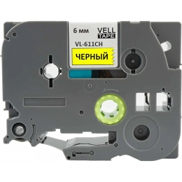 Лента Vell VL-611CH с чипом, 6 мм, черный на желтом для Puty PT-100E/100ECH/Brother D200/E110/ D600/E300/2700/ P700/E550/P900 1350618