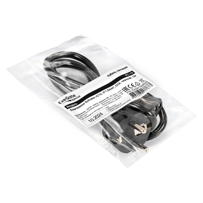 Кабель питания ExeGate Special PC-1S-Schuko->C13/3x1.0 (Евровилка EU/Тип F(Schuko) ->IEC 320 C13, 3*1.0mm2, CCA, черный, 1м) EX297793RUS