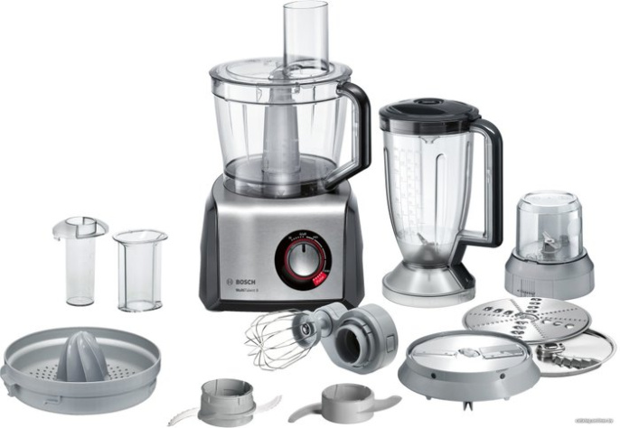 Кухонный комбайн Bosch MC812M844 (1250 Вт, максимальная скорость вращения: 15000 об/мин, объем чаши: 3.9 л, длина шнура питания: 110 см, функции: терки, измельчитель, соковыжималка, блендер)