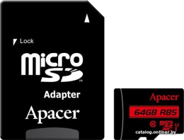Карта памяти Apacer 64GB AP64GMCSX10U5-R + Adapter класс 10, чтение: 85 МБ/с, адаптер
