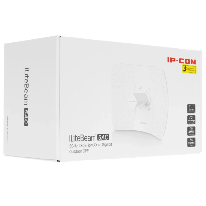 Наружный радиомост IP-COM iLBE-5AC большой дальности действия, 5 ГГц, до 867 Мбит/с, IP65, 1х23dbi, 1х1 Гбит/с, PoE, молниезащита 6000В