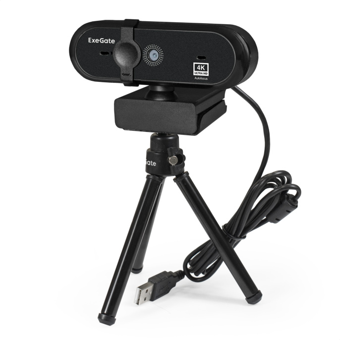 Веб-камера ExeGate Stream HD-4000 4K UHD AF T-Tripod 8Мп, 3840x2160, 30fps, H.264, автоматический фокус, защитная шторка, телескопический штатив Tripod Tele Ball, 4-линзовый объектив стекло , стерео микрофон с шумоподавлением, EX287383RUS