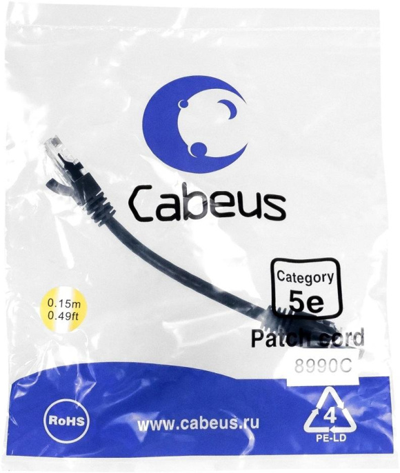 Патч-корд Cabeus PC-UTP-RJ45-Cat.5e-0.15m-BK-LSZH U/UTP RJ-45 вил.-вилка RJ-45 кат.5E 0.15м черный LSZH