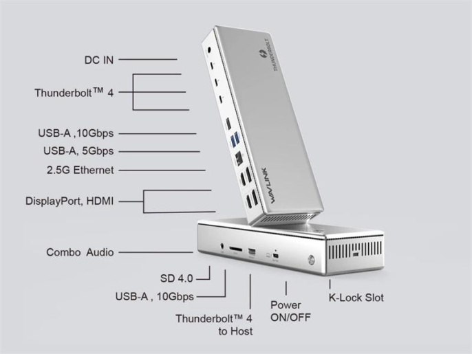 Док-станция Docking Station WAVLINK Thunderbolt 4 Quad Display/96W Power Delivery Include 20V/11.5A Power Adapter/4xUSB3.0/3xThunderbolt 4/2xDP 4K 60HZ/2xHDMI 4K 60HZ/1xGigabit LAN/1xCombo Audio Jack/1xCardReader